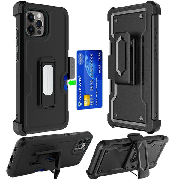 iPhone 13 6.1 CARD Holster with Kickstand Clip Hybrid Case Cover (Black)