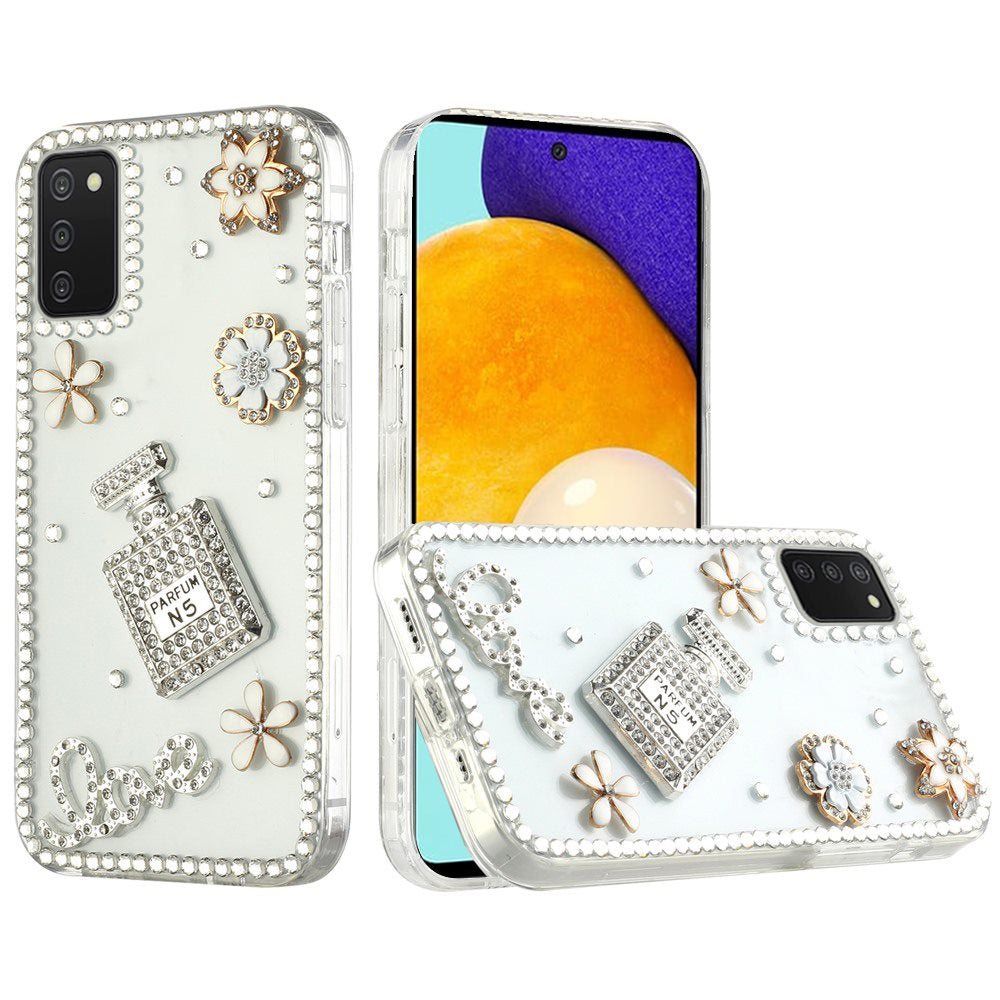 Samsung Galaxy A03s 2022 Full Diamond with Ornaments Hard TPU Case Cover - Perfume Hearts Flower