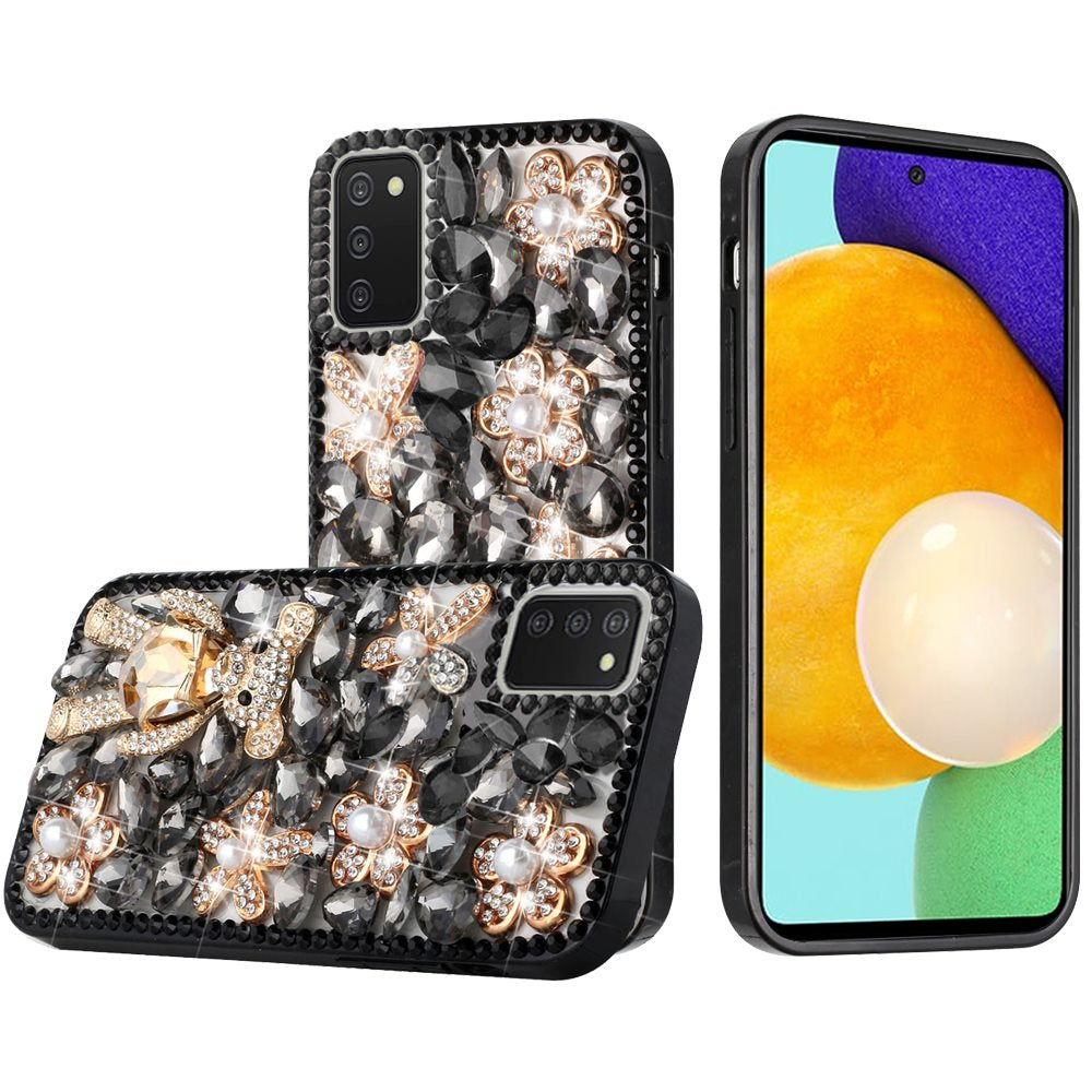 Samsung Galaxy A03s 2022 Full Diamond with Ornaments Case Cover - Black Panda Floral