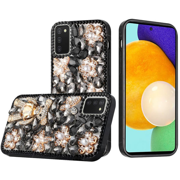 Samsung Galaxy A03s 2022 Full Diamond with Ornaments Case Cover - Black Panda Floral