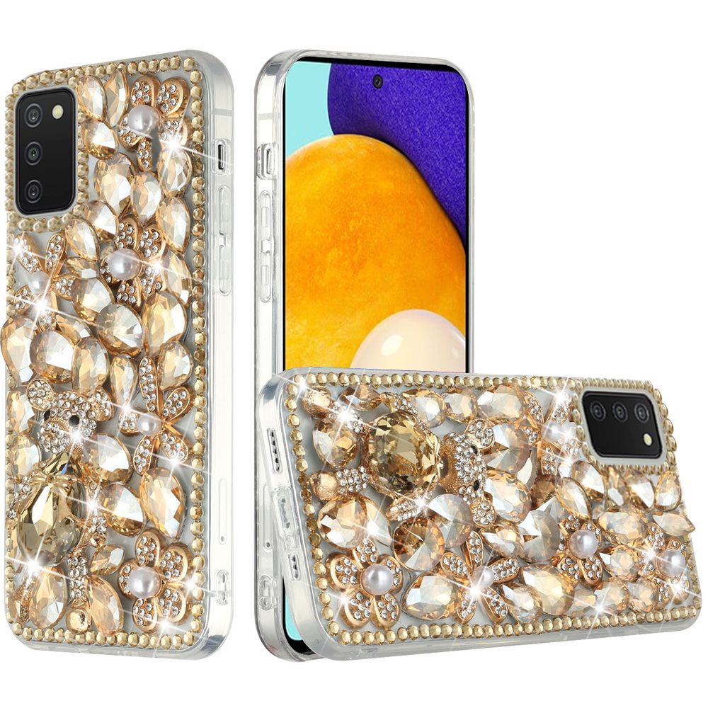 Samsung Galaxy A03s 2022 Full Diamond with Ornaments Hard TPU Case Cover - Gold Panda Floral
