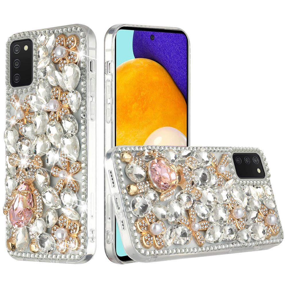 Samsung Galaxy A03s 2022 Full Diamond with Ornaments Hard TPU Case Cover - Silver Panda Floral